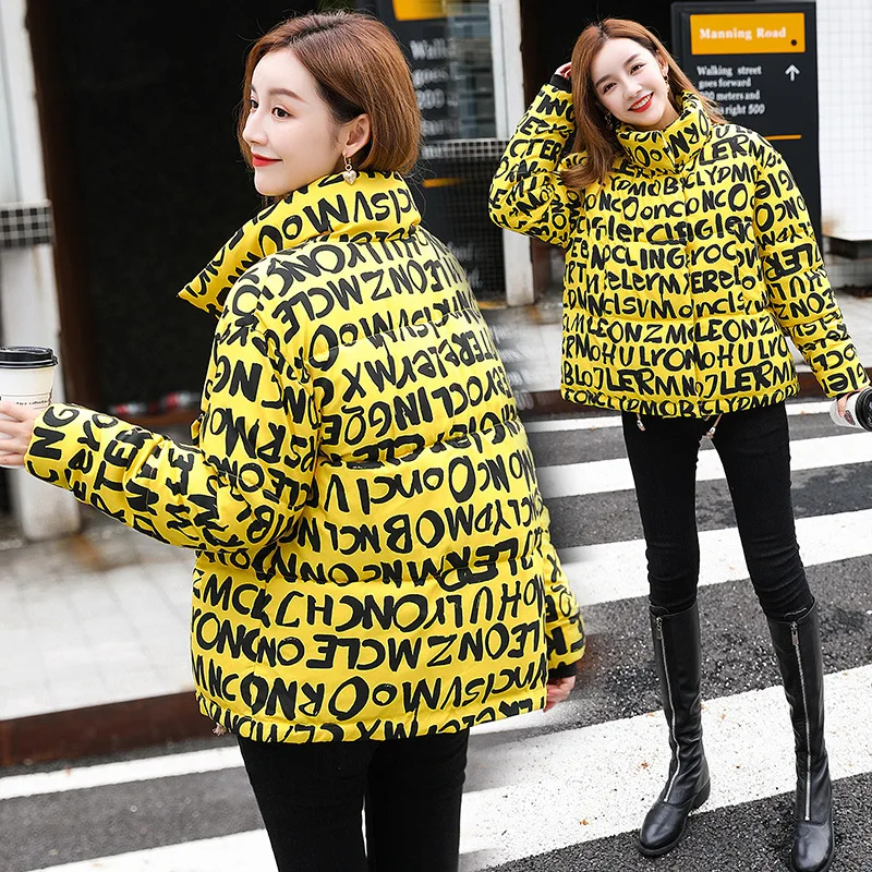 2021 New Winter Women Short Slim Letter Parka Cotton Padded Jacket Lady Korean Style Shiny Small Casual Coat Bread Outerwear