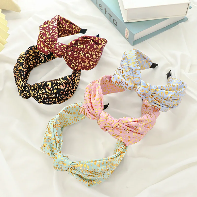 

European And American Fashion Bronzing Printed Fabric Cross Knotted Middle Knot Checkered Headband Fabric Temperament Ladies