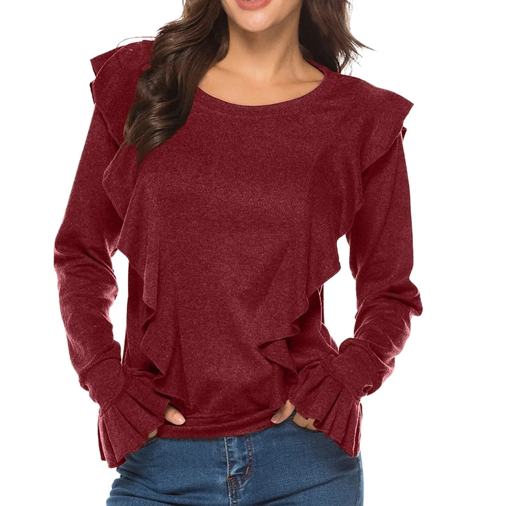 Свитер женский модный однотонный Вязаный топ с круглым вырезом и оборками