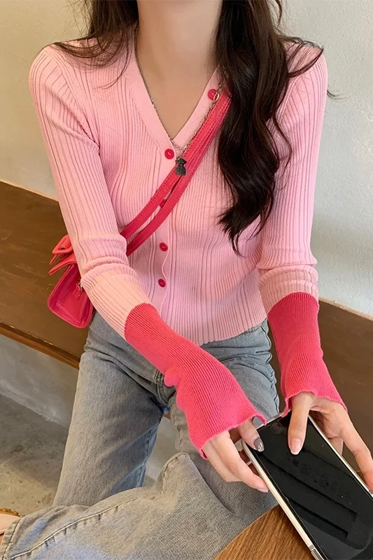 Женский свитер Кардиган с длинным рукавом и V-образным вырезом |