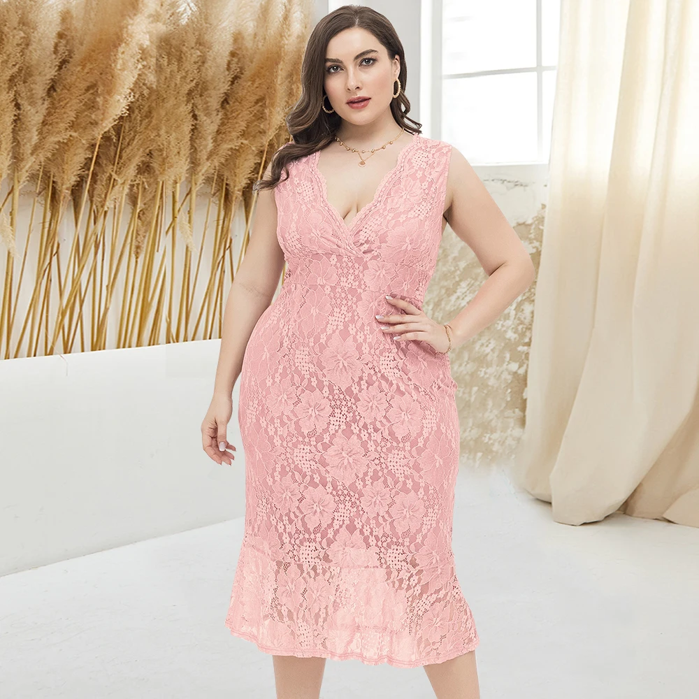 

2021 Sweet Plus Size Party Dress Sleeveless Sexy V-neck Lace Stitching Printed Party Dress Pink Elegant Summer Dress For Women