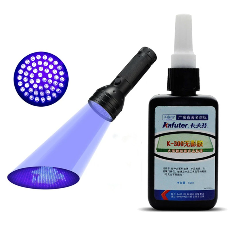 УФ-клей Kafuter K-300 50 мл прозрачный хрустальный и стеклянный клей + 51 светодиодный/9