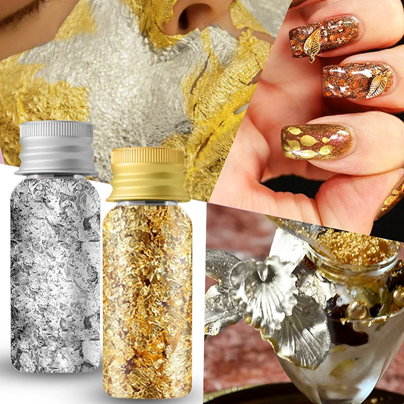 

2021 1/2 Bottles Gilding Flakes Glittery Imitation Gold Sliver Foil Nail Art Film Irregular Nail Decor Decal for Painting DIY