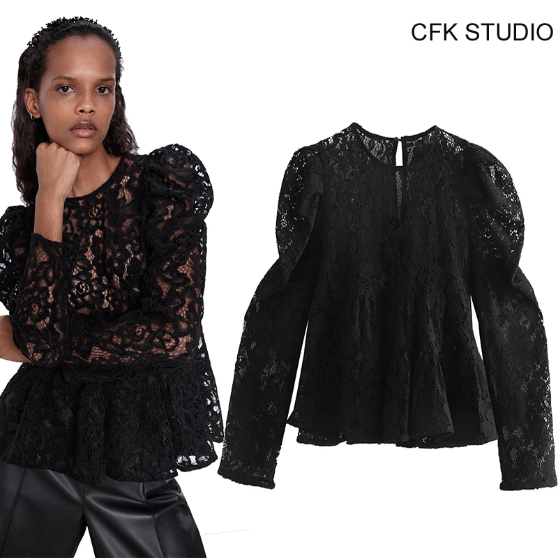 ZA женская блузка с круглым вырезом кружевная принтом длинным рукавом рубашки