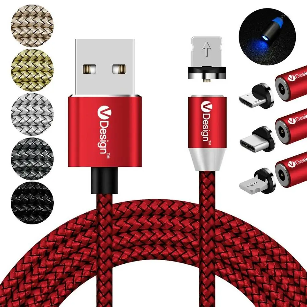 Светодиодный Магнитная застёжка Micro USB/type-C/IOS круглый кабель для быстрой зарядки