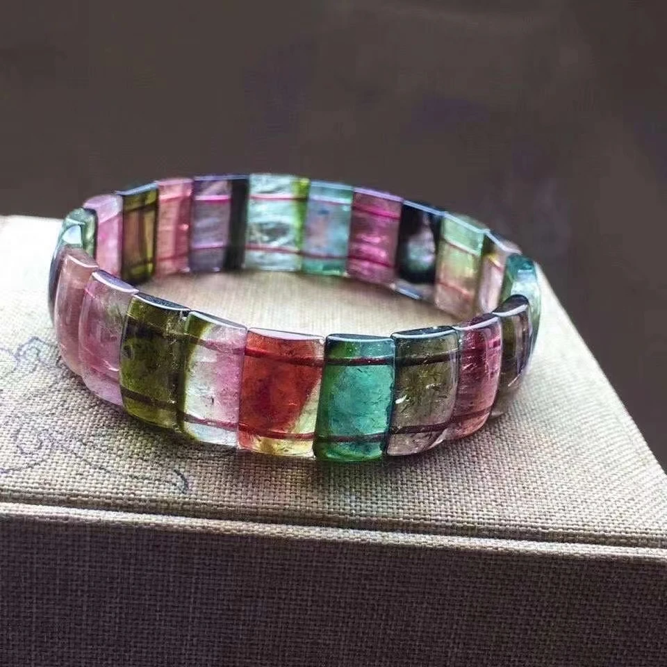 

Colroful Natural Watermelon Tourmaline Quartz Bracelet Clear Rectangle Beads 15.2/7.5mm Women Red Green Tourmaline Bangle AAAAAA