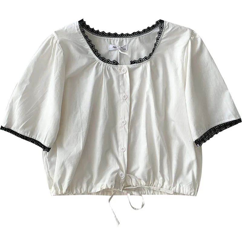 

Kimutomo Elegant Solid Blouse 2021 Summer New Fashion Korean Chic Square Collar Lace Up Casual Short Sleeve Tops Female