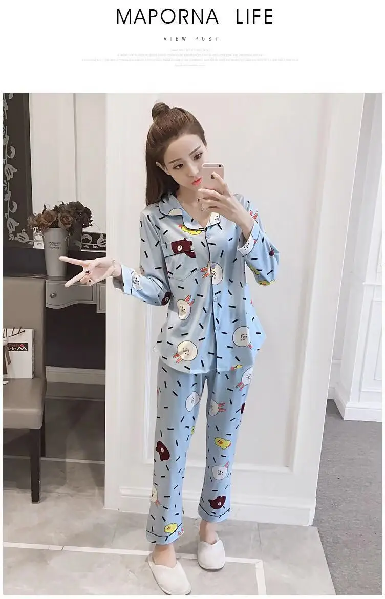 Популярные модели осенне-зимняя одежда для сна женская пижама с отворотом и