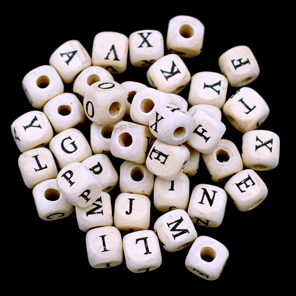 

100Pcs Wood Beads Wooden English Letters Alphabet Print White Cube Mixed Jewelry DIY Making Findings 8x8mm