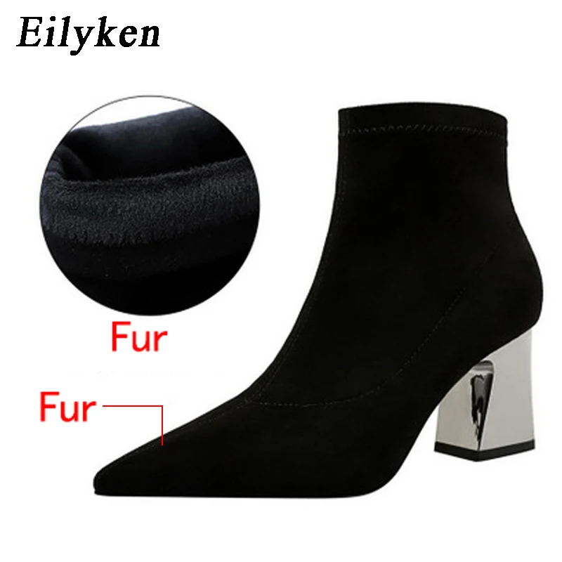 Fur-black EilyKen/высококачественные ботильоны с острым носком на высоком каблуке; Офисная Женская обувь; зимняя женская теплая короткая плюшевая обувь на квадратном каблуке - Цвет: Fur-black