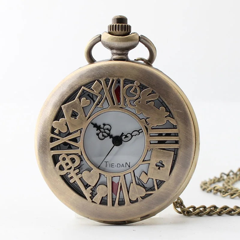 Ожерелье с мультяшными часами Алиса для женщин и девушек длинная бронзовая