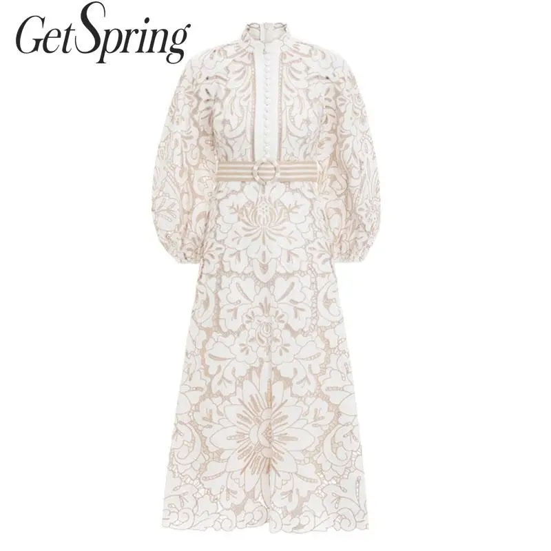 Getвесеннее женское платье с рукавами фонариками и стоячим воротником кружевные