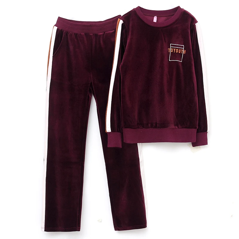 Бархатный спортивный костюм для женщин 2019 зимний женский с вышивкой буквами Плюс
