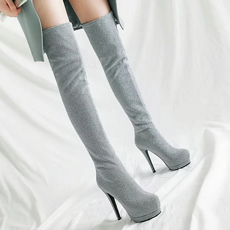 

2021 Women Over The Knee High Boots Autumn High Heels Winter Shoes Platform Sexy Bling Elastic Fabric Women Boots Plus Size 43
