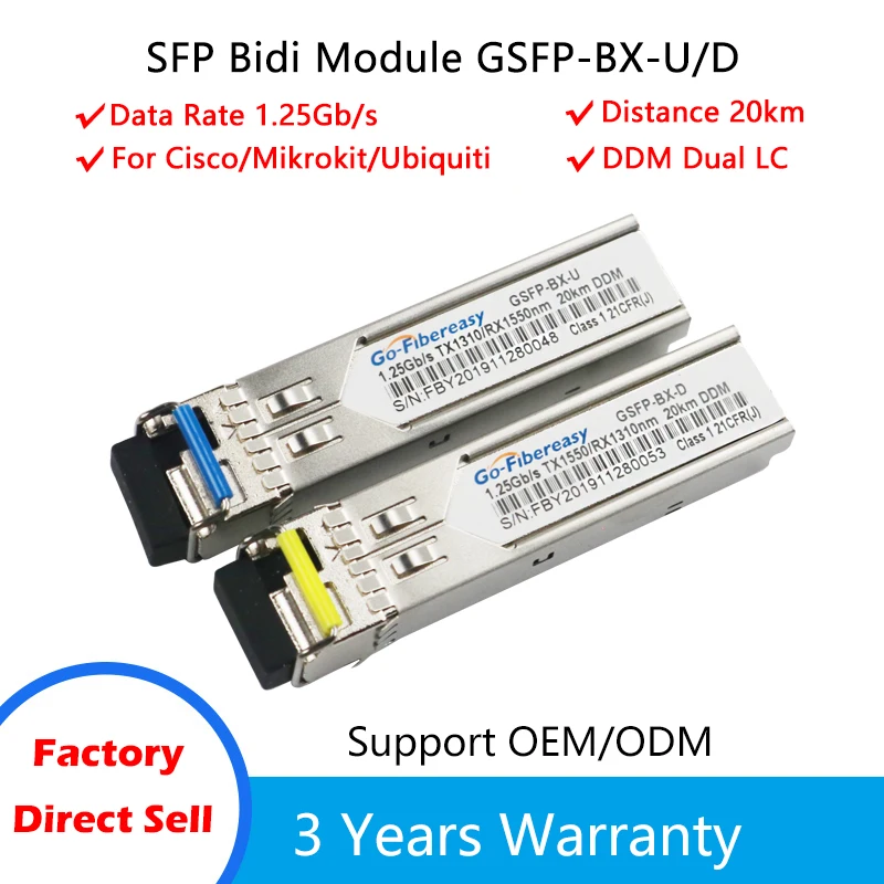 

Гигабитный модуль SFP SM LC WDM 1,25G Bidi, одномодовый волоконно-оптический трансивер, совместимый с переключателем mikrotik/ Cisco