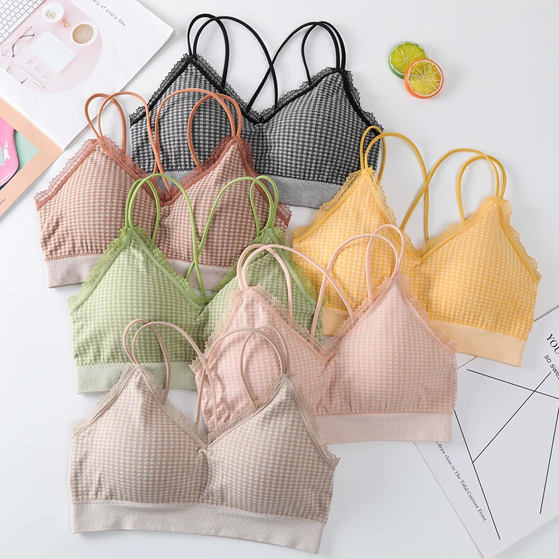 Женские топы клетчатый короткий топ бесшовное нижнее белье корейский