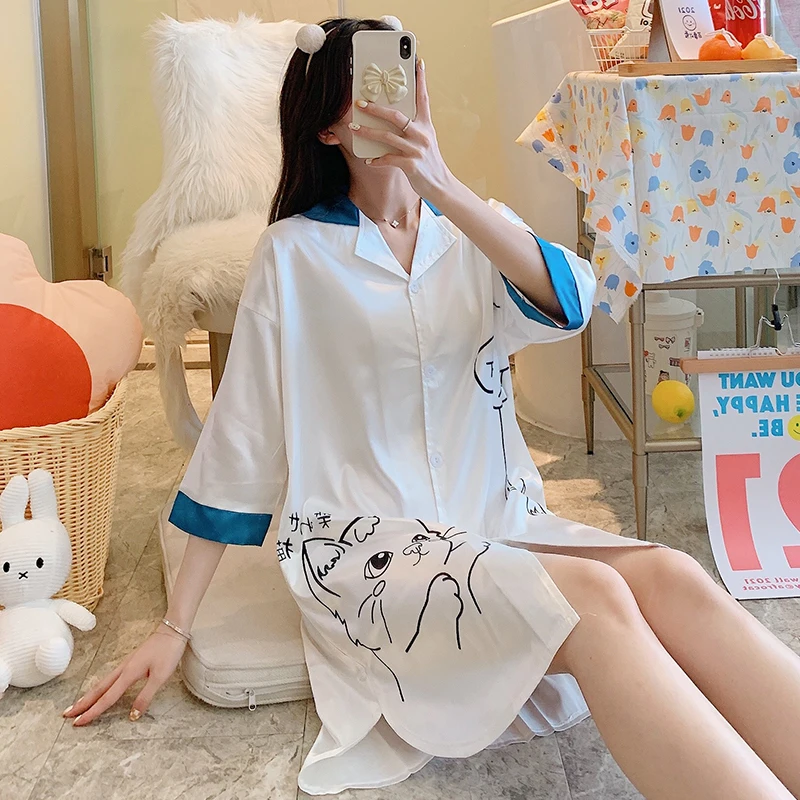 

Summer South Korea Ice silk Butterfly nightgown The kitten Printing Woman's nightgown Shirt style Sexy Woman robe Thin