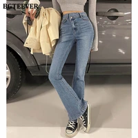 bgteever stylish chic inclined button women solid flare jeans trousers high waist stretched female skinny denim pant 2021 summer