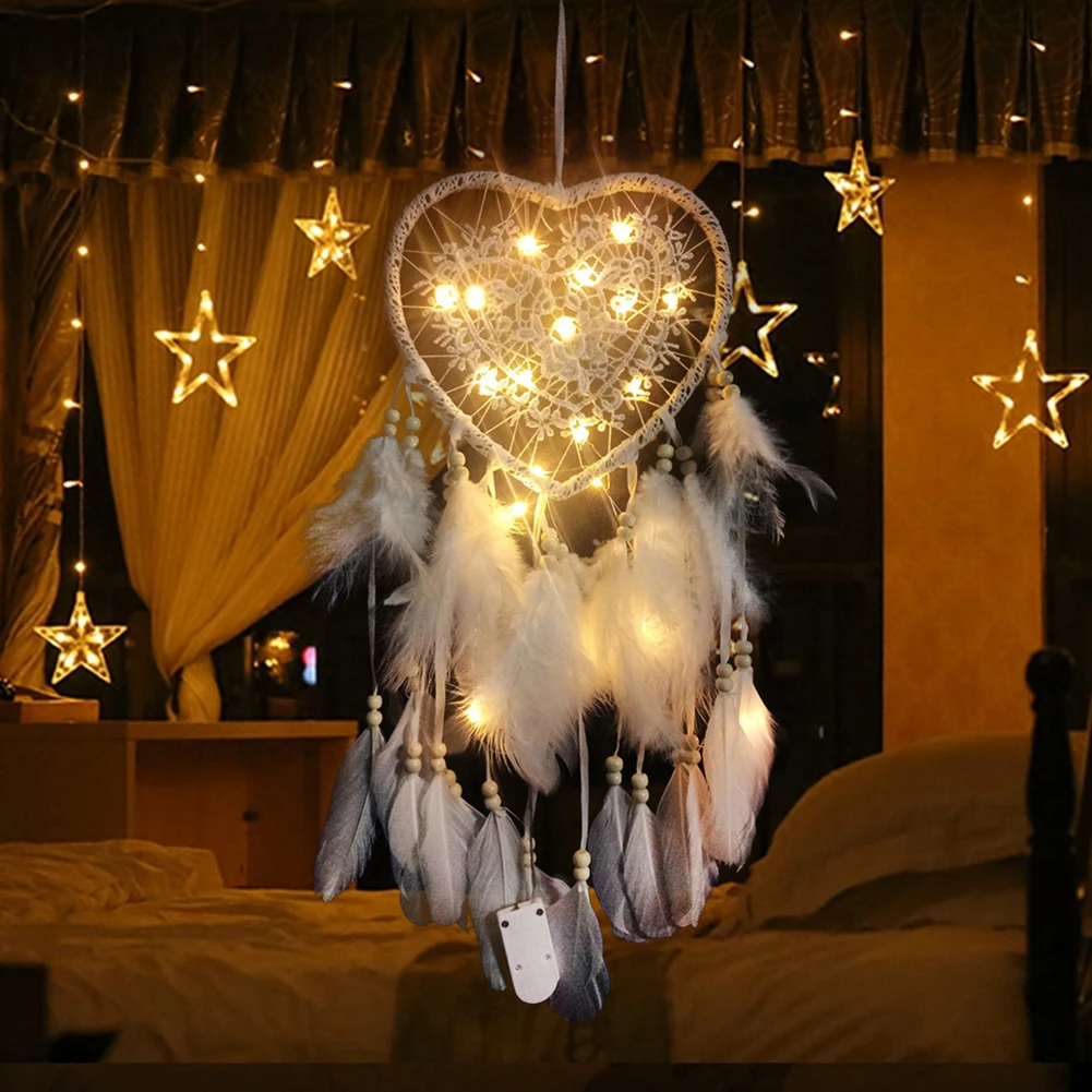 Dreamcatcher Heart Shape Handmade Feather Pendant LED String Light Dream Catcher Braided Wind Chimes Hanging Car Home Decoration | Дом и сад