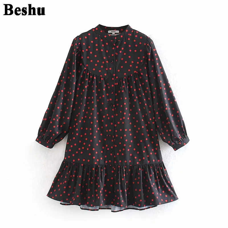 ZA 2019 Платье с принтом каскадные оборки длинный рукав круглый вырез свободное