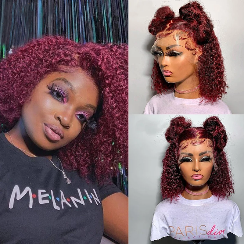 Red Wig Human Hair Color 99j Burgundy Curly Deep Wave Frontal Wig Short Lace Front Bob Wig For Women Brazilian Preplucked 4x4x1