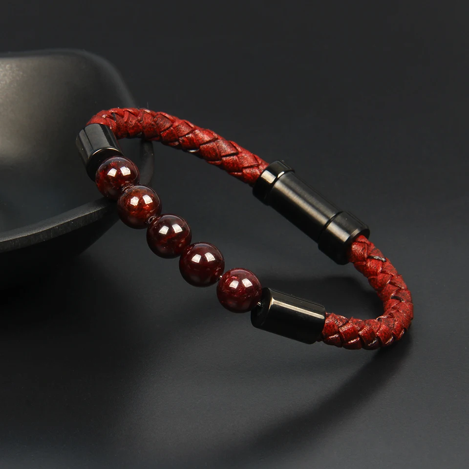 Garnet stone Ailatu, Винтажный Мужской Браслет из натуральной яловой кожи, браслет из нержавеющей стали с застежкой, натуральный гранат, тигровый глаз, камень, бусина - Окраска металла: Garnet stone