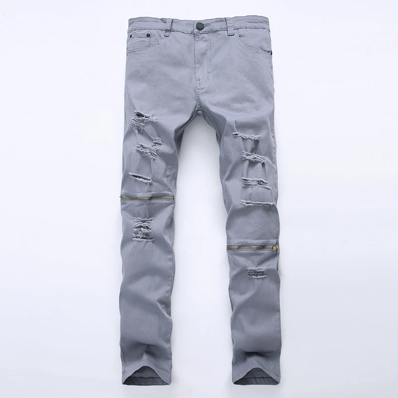 

New Foreign Trade European And American White Slim Zipper Hole Casual Jeans Elastic Multi Color Pants