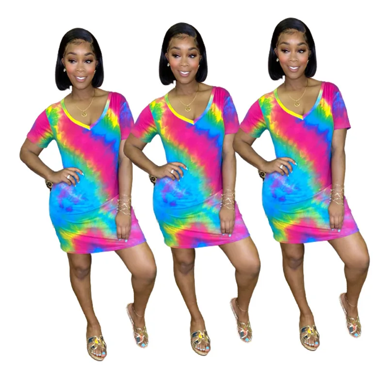 

Summer Casual Women Tie Dye V-Neck Dresses Clubwear Night Printed Loose Short Sleeve Mini Dress