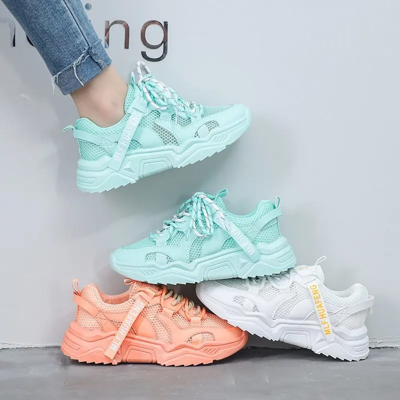 Женские дышащие кроссовки на платформе белые зеленые оранжевые для тенниса