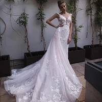 luxury mermaid wedding dresses sleeveless tulle detachable train 2 in 1 lace applique gowns sexy v neck back button tailor made