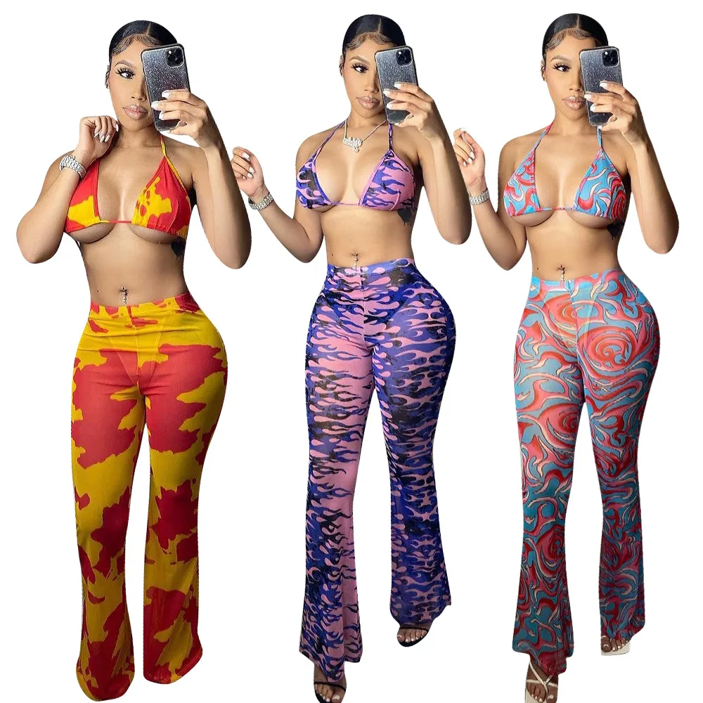 

Women's Sexy Halter Print Bra Bandage Crop Top Wide Pants Set 2 Piece Outfits Set