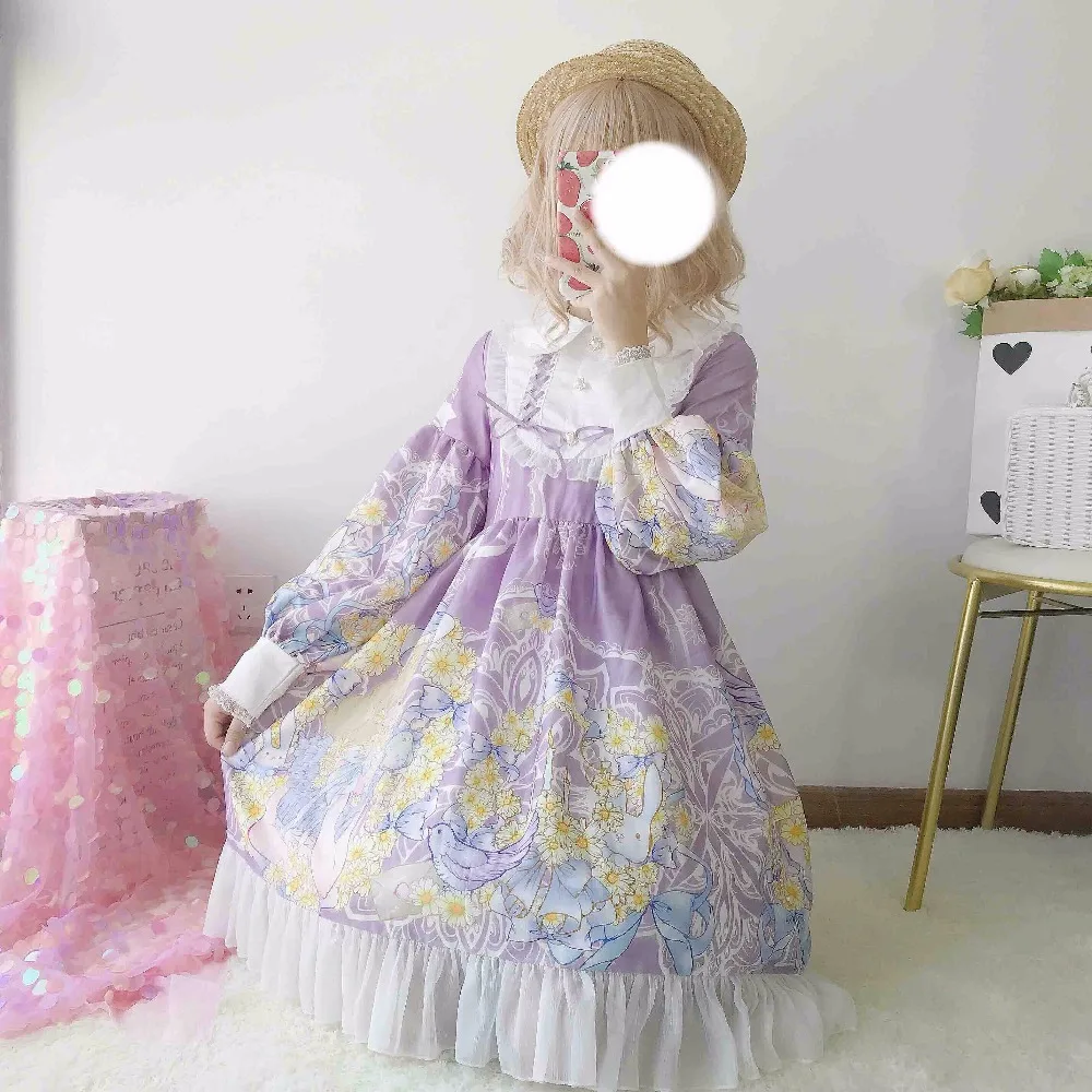 Японское платье лолиты ромашка девушка длинный рукав цельное платье Японский небольшой свежий сладкий платье