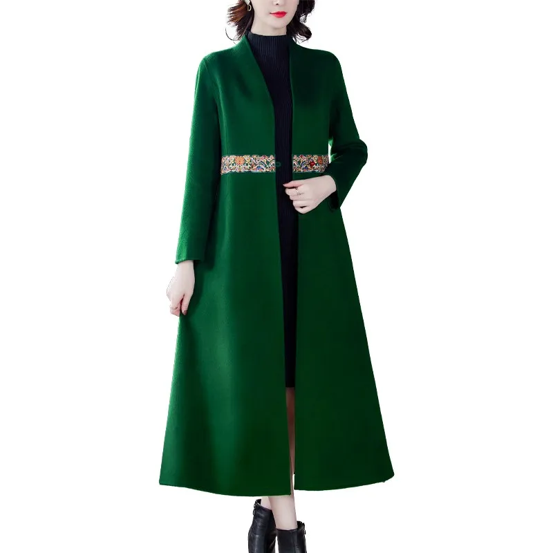 

Elegant Woolen Coat Jacket 2020 Winter New Women Vintage embroidery Loose Stand Collar Woolen Outerwear Overcoat Casaco Feminino
