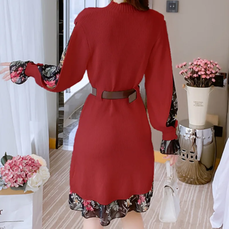 

2021 Autumn Winter New French Fashion Printed Chiffon Patchwork Knitted Mini Dress Sashes Long Sleeve Sweater Party Dress Vestdo