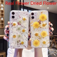 luxury real flower dried flower case for iphone 7 8 plus x xr xs 11 pro max case gold leaf transparent soft silicone cover capa