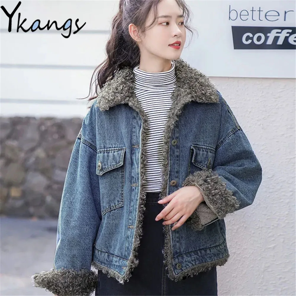 

Faux Lamb Wool Lined Teddy Fur Stitching Denim Jackets Korean Vintage Thick Autumn Winter Jean Coat Warm Women Loose Clothing