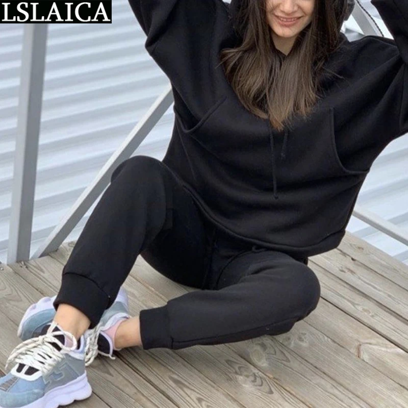 

Tracksuit Women Solid Hooded Sweatshirt Pockets Long Pants Knitted Two Piece Set Autumn Fashion Casual Running Women Clothing