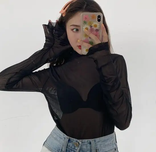 black mesh 5 цветов летняя Корейская ins Стильная однотонная футболка с короткими рукавами женские Топы повседневные футболки femme(R4481 - Цвет: black mesh