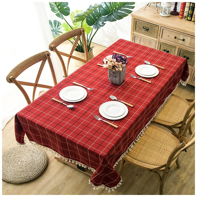 

American Jacquard Cotton Linen Waterproof Lattice Tassel Lace Geometric Rectangular Dining Table Coffee Table Tablecloth