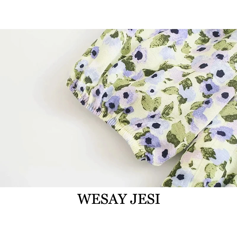 

WESAY JESI Women's Clothing Summer Fashion Floral Print Mini Dress Puff Sleeve Backless Square Collar Sundress Vintage Zipper