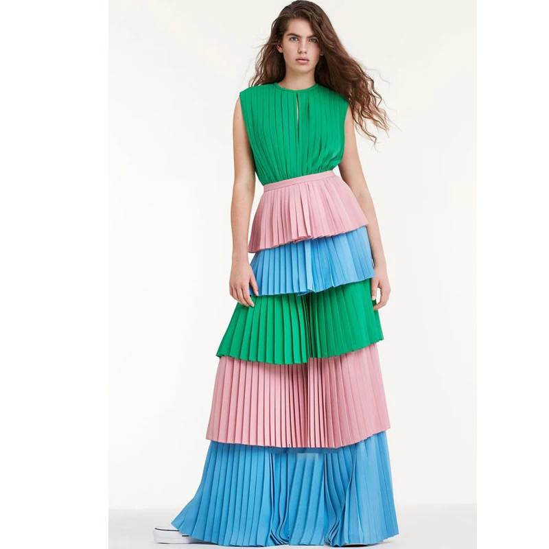 

2021 spring summer women layered party dress new design patchwork pleated long dresses pink green holiday dress