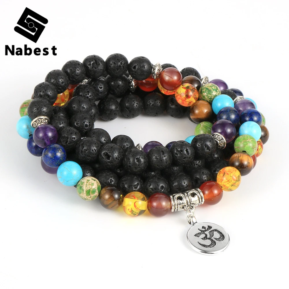 Women Men Natural Stone 7 Chakras 8mm Beads Necklace 108 Male Beaded Stand Yoga Healing Reiki Lotus OM Buddha Charm Jewelry | Украшения и