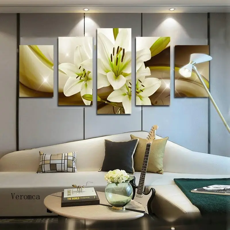 

White Lily Flower Art Poster Hd Print Five Piece Canvas Painting Realistic Photo Frameless Wall Picture for Home Decoration