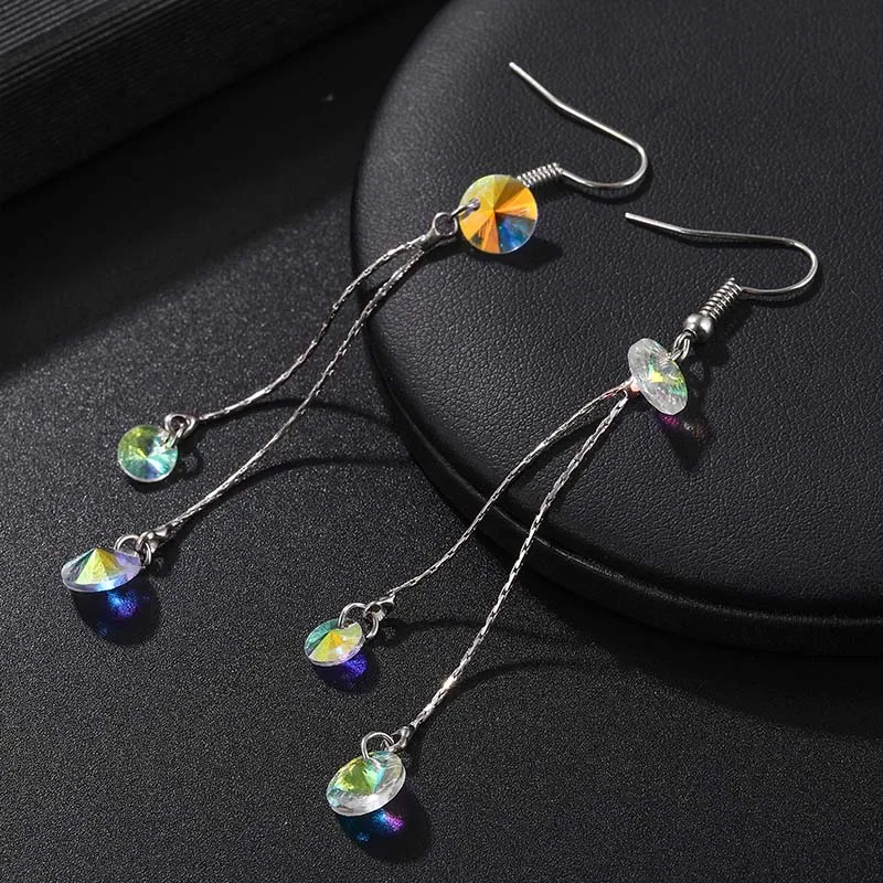 2019 корейские Цветные Висячие серьги с кристаллами Серебряные длинные кисточками