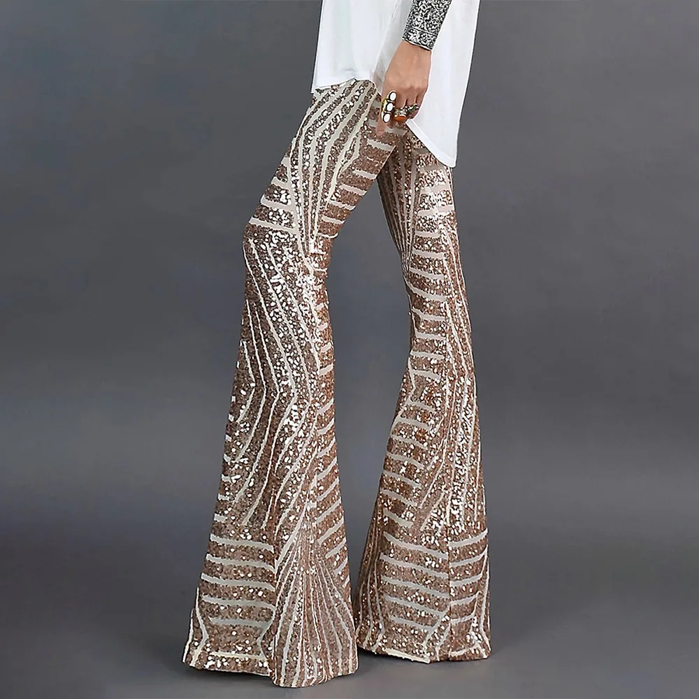 2020 Spring Women Long Wide Pants Sequins High Waist Trousers Joggers Cargo Party Night Clubwear Black Apricot | Женская одежда