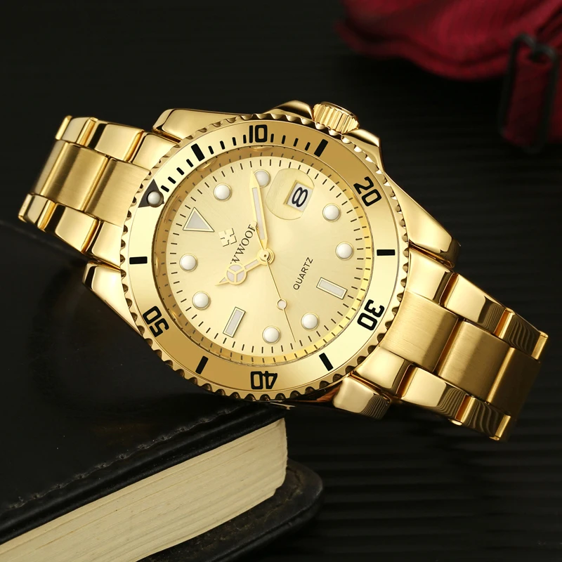 

WWOOR Brand Luxury Men Watches Gold Stainless Steel Luminous Waterproof Date Clock Male Quartz Analog Wrist Watch Golden for Men