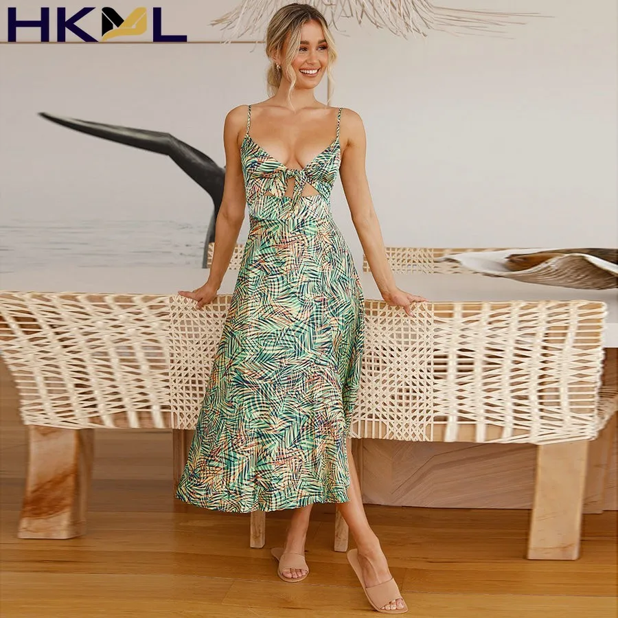 

Летнее женское платье макси на бретельках спереди с завязками разрезом с высокой талией принтом с открытой спиной пикантные сарафаны длинн...