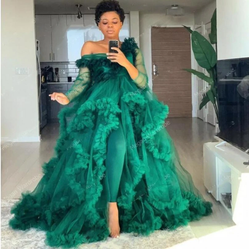 

Extra Puffy Prom Dress Emerald Plus Size Photography Maternity Shoot Ruffles Sheer Illusion Prom Dresses Tulle Robe De Soiree