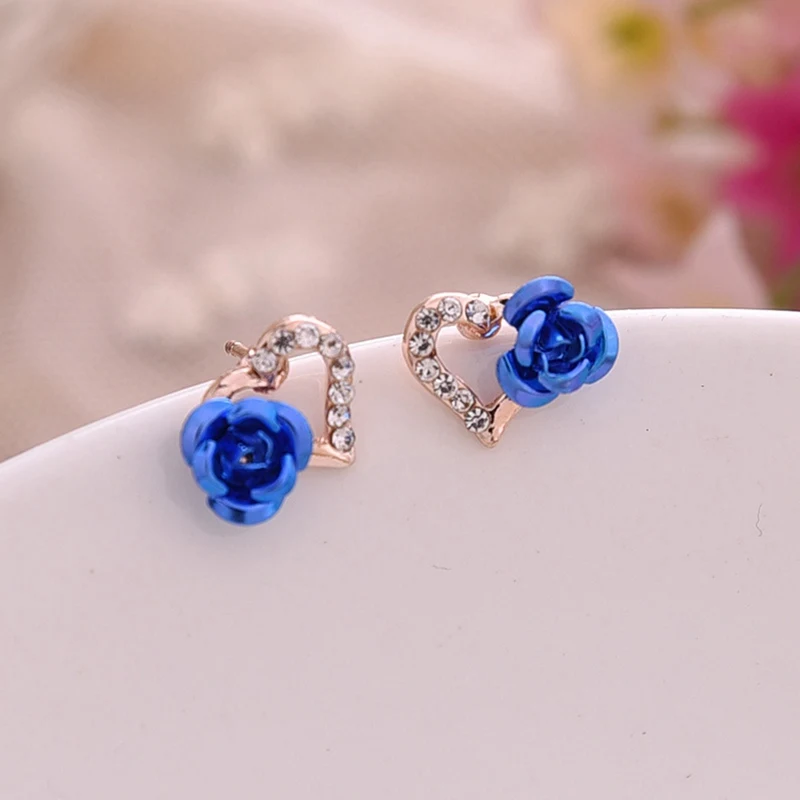 

1 Pair New Hot Earrings Fashion Color Rhinestones Heart-shaped Flower Roses Earrings For Women Gift