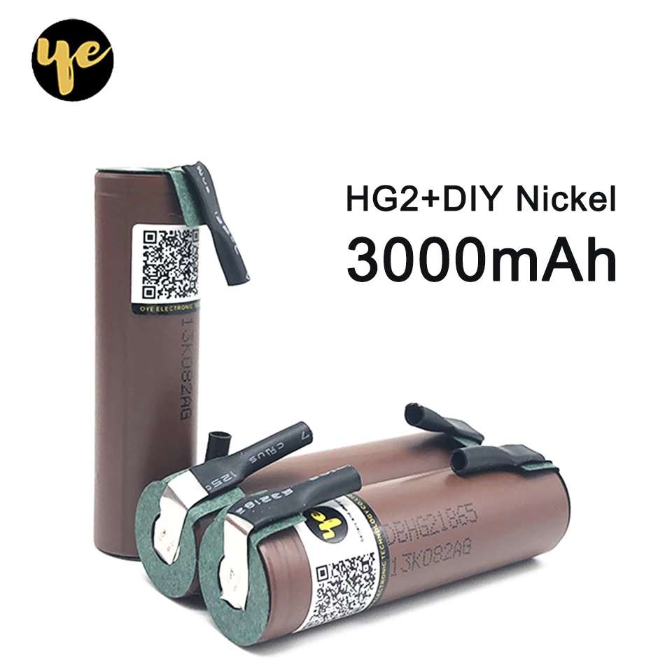 Аккумулятор 18650 HG2 3000mAh с полосками, припаянные батареи для отверток 30A высокий сток+ DIY никель inr18650 hg2